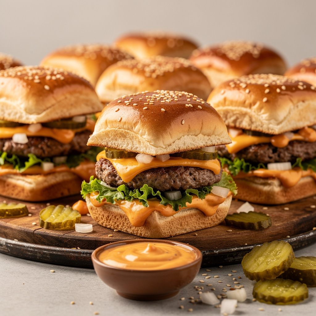 Golden baked Big Mac sliders with melted cheese and special sauce on a wooden tray.