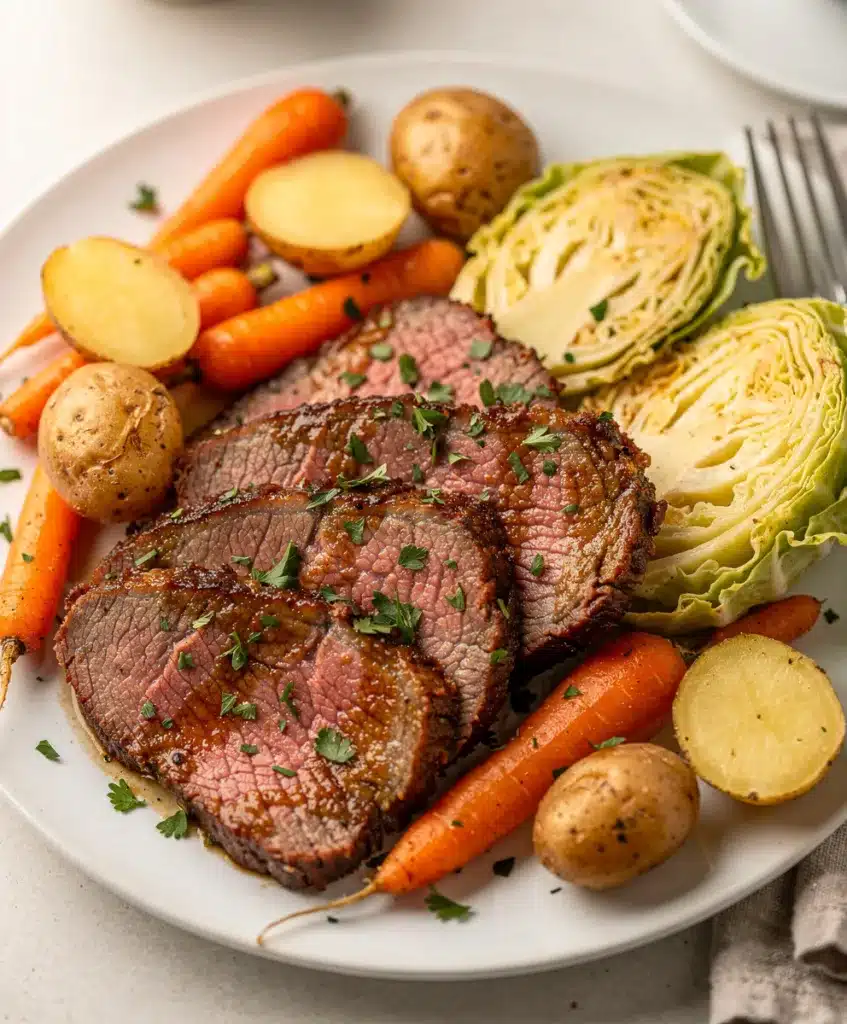 Corned beef and cabbage plated with potatoes carrots and mustard for dinner