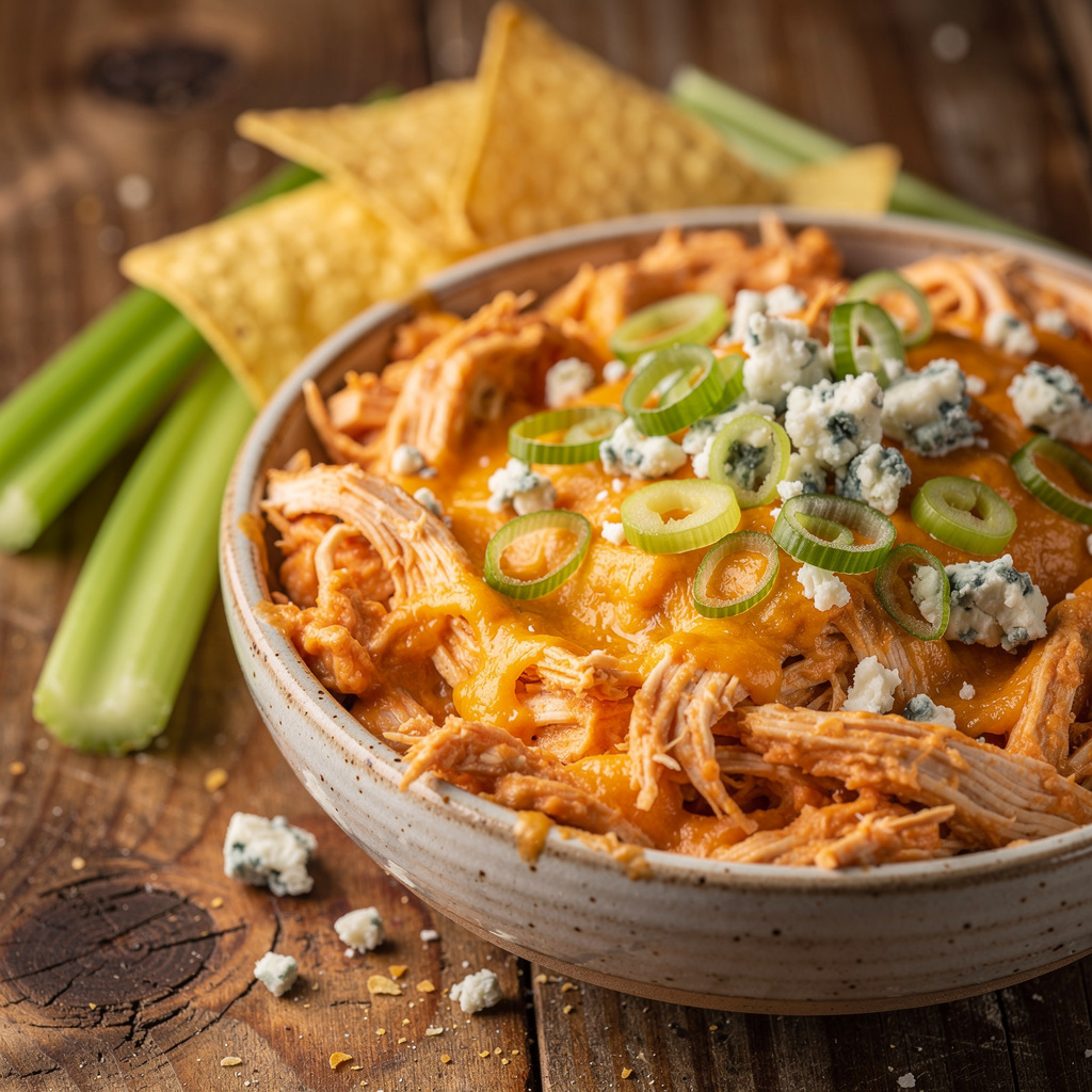 Creamy slow cooker buffalo chicken dip in a rustic stoneware bowl.