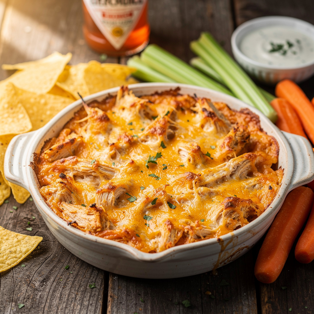 Creamy baked buffalo chicken dip with tortilla chips and fresh vegetables.