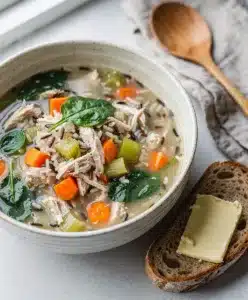 Creamy chicken and wild rice soup with vegetables in a rustic bowl