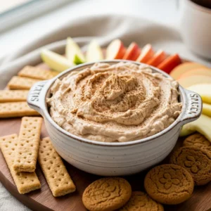 Creamy gingerbread cheesecake dip with festive cookies and apple slices for dipping.