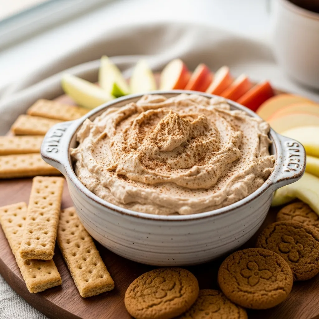 Creamy gingerbread cheesecake dip with festive cookies and apple slices for dipping.