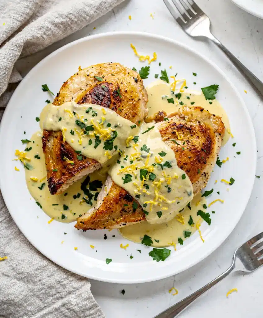 Creamy lemon garlic chicken with golden seared breasts in glossy sauce