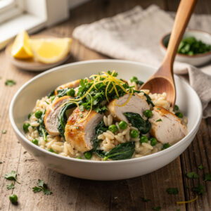 Creamy orzo dinner with chicken spinach and peas in a white bowl