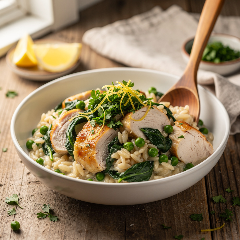 Creamy orzo dinner with chicken spinach and peas in a white bowl