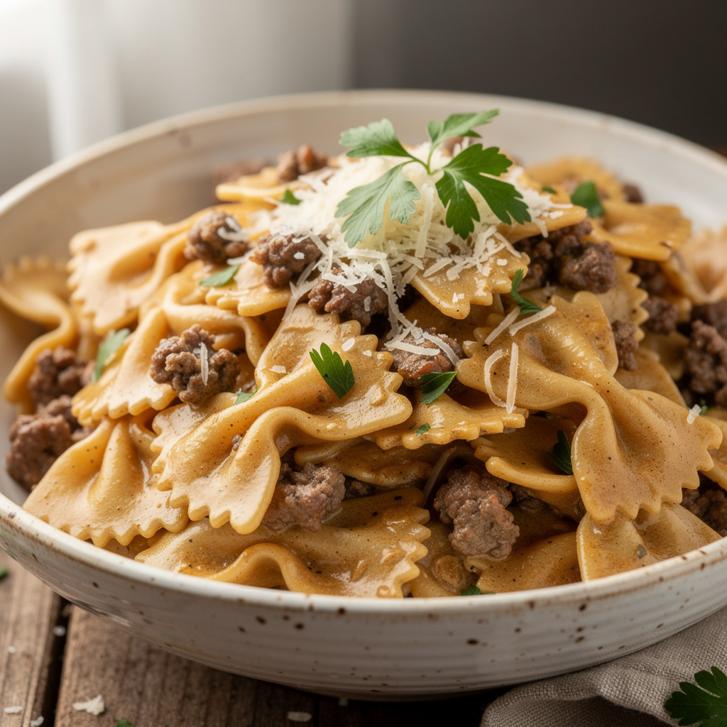 Ingredients for Creamy Parmesan Garlic Beef Bowtie Pasta