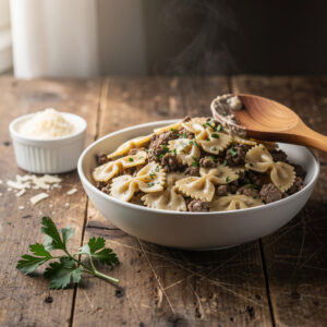 Creamy parmesan garlic beef bowtie pasta in a rustic white ceramic bowl.