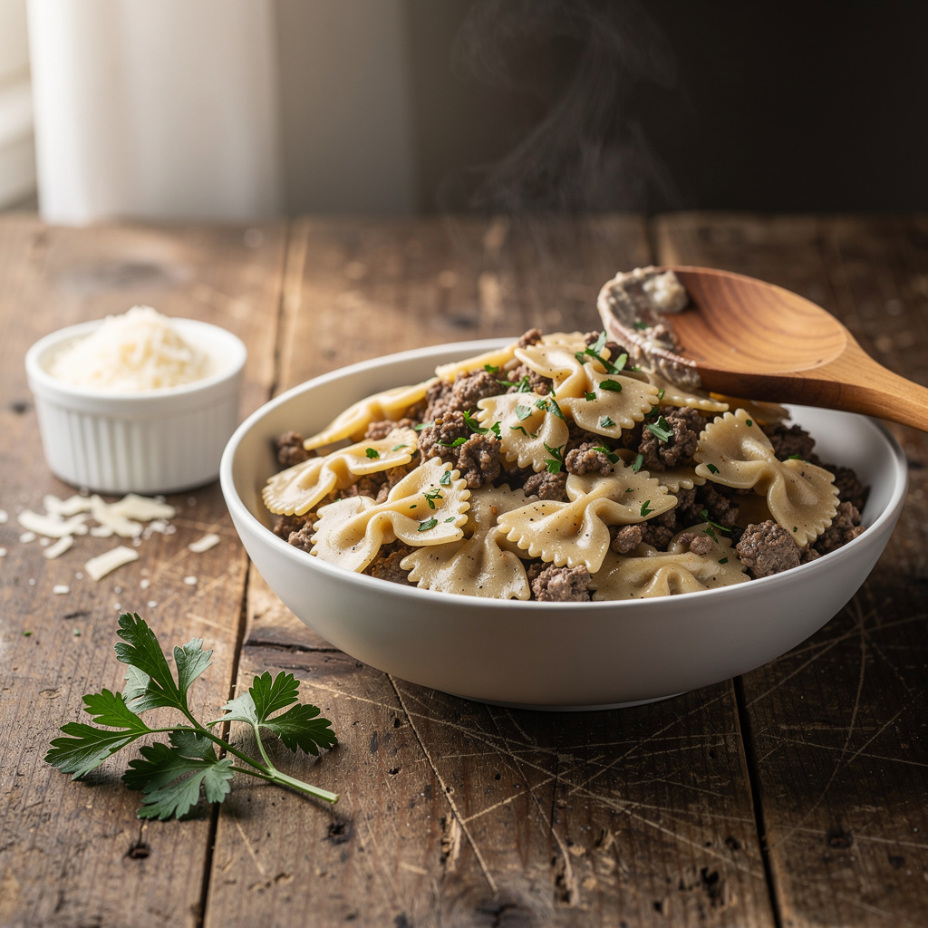 Creamy parmesan garlic beef bowtie pasta in a rustic white ceramic bowl.