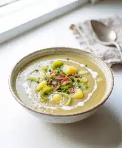 Creamy potato leek soup in a rustic bowl with chives and bread.