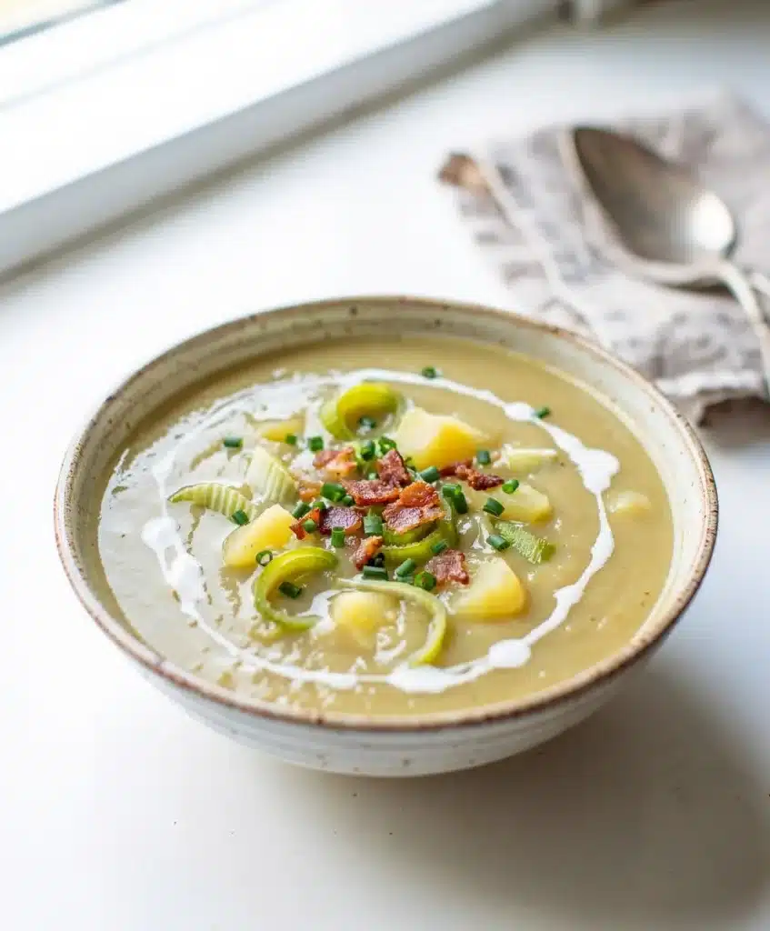 Creamy potato leek soup in a rustic bowl with chives and bread.