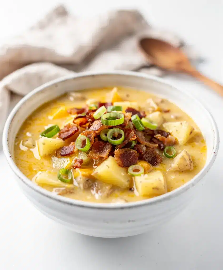 Creamy crockpot potato soup with melted cheese bacon and fresh chives