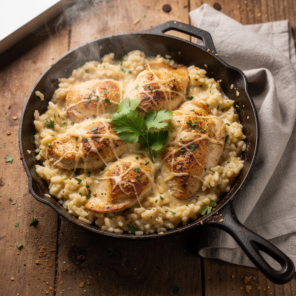 Creamy smothered chicken and rice recipe in a rustic skillet with herbs