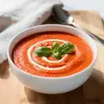 Creamy tomato basil soup with fresh basil and grilled cheese sandwich