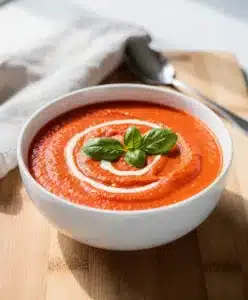 Creamy tomato basil soup with fresh basil and grilled cheese sandwich