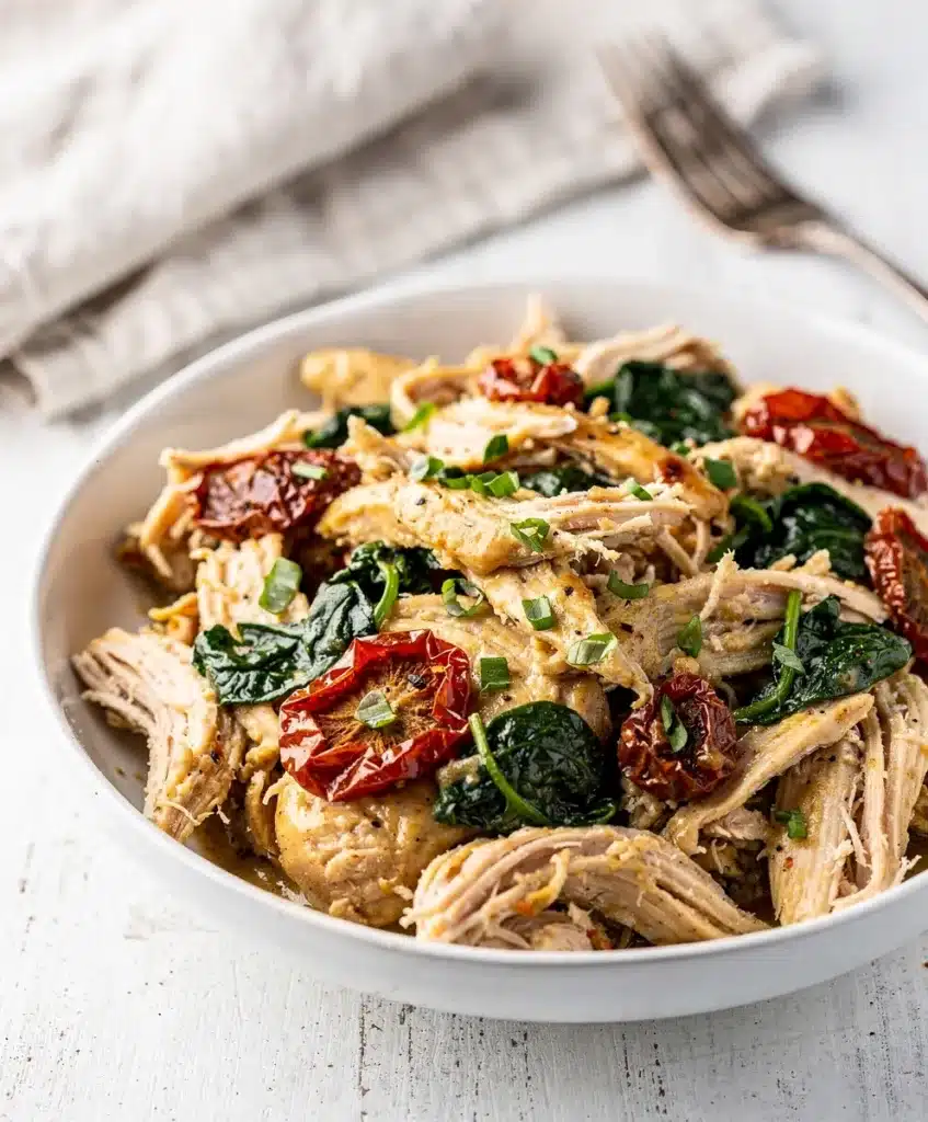 Creamy Tuscan chicken with spinach and sun-dried tomatoes in a rustic bowl.