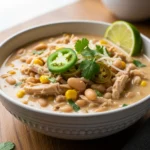 Creamy white chicken chili in a rustic bowl with fresh cilantro garnish
