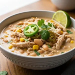 Creamy white chicken chili in a rustic bowl with fresh cilantro garnish