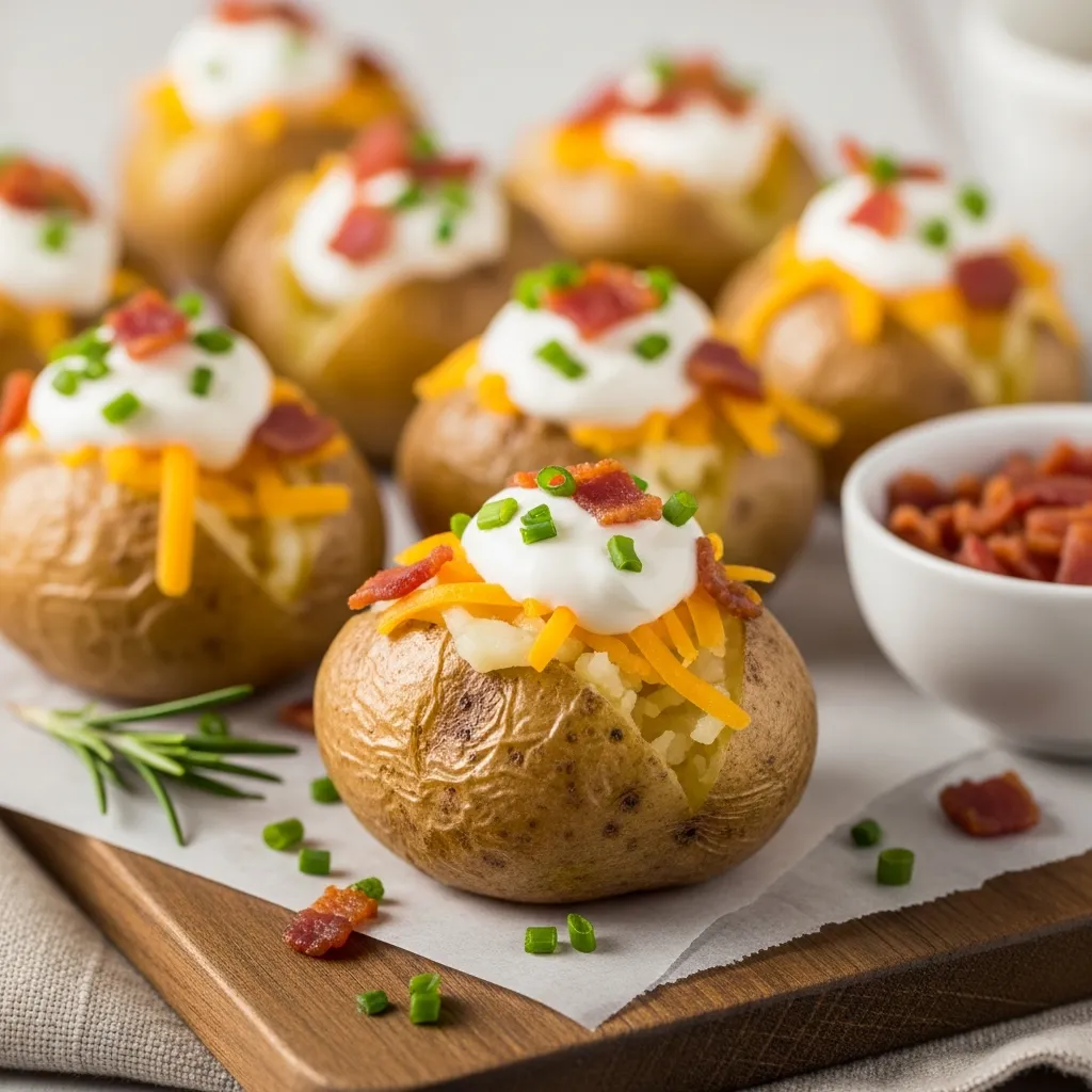 Crispy mini baked potatoes topped with sour cream, bacon, and cheese appetizer.