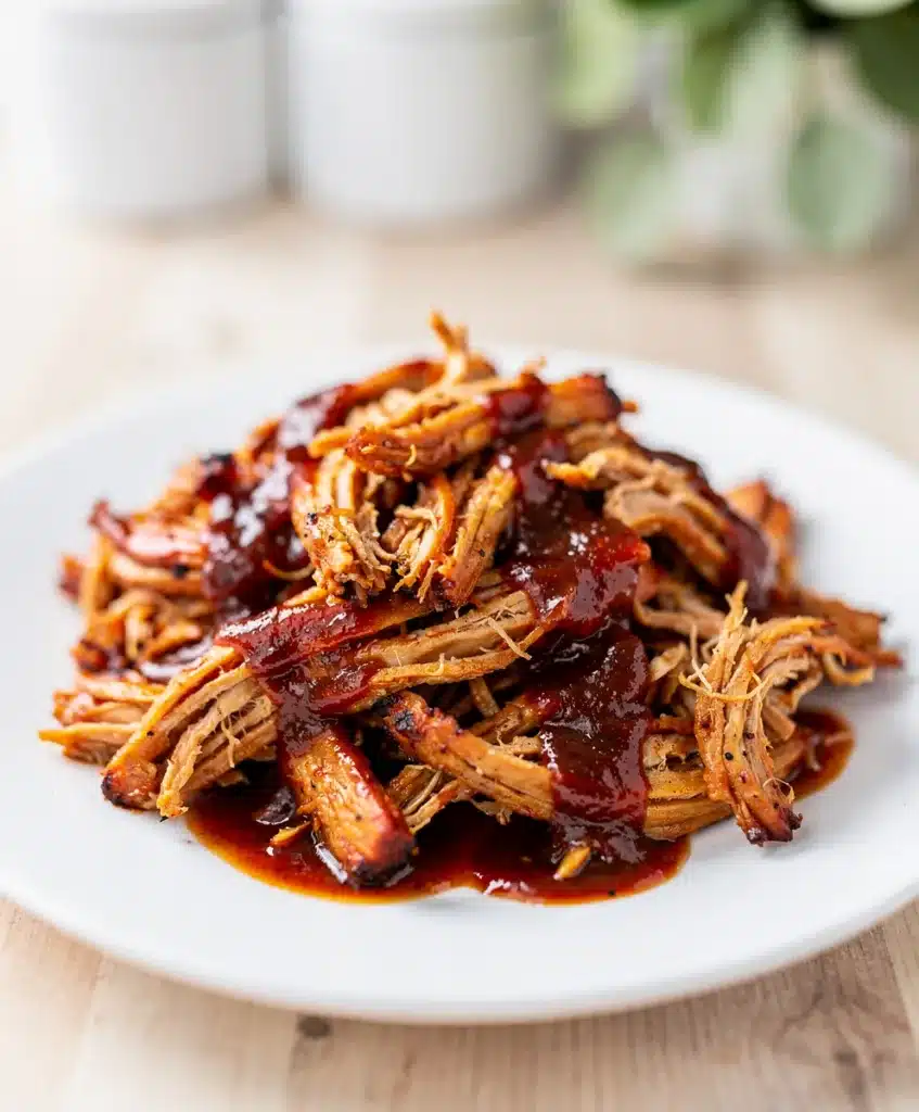 Saucy crockpot BBQ pulled chicken on a toasted bun with fresh coleslaw.