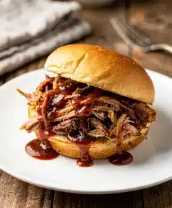 Crockpot BBQ pulled pork recipe with glossy sauce and soft coleslaw.