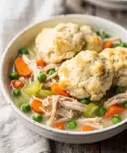 Creamy crockpot chicken and dumplings recipe with fluffy homemade dumplings in broth.