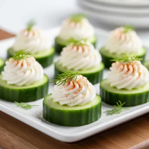 Refreshing cucumber cream cheese bites with dill on a rustic board.