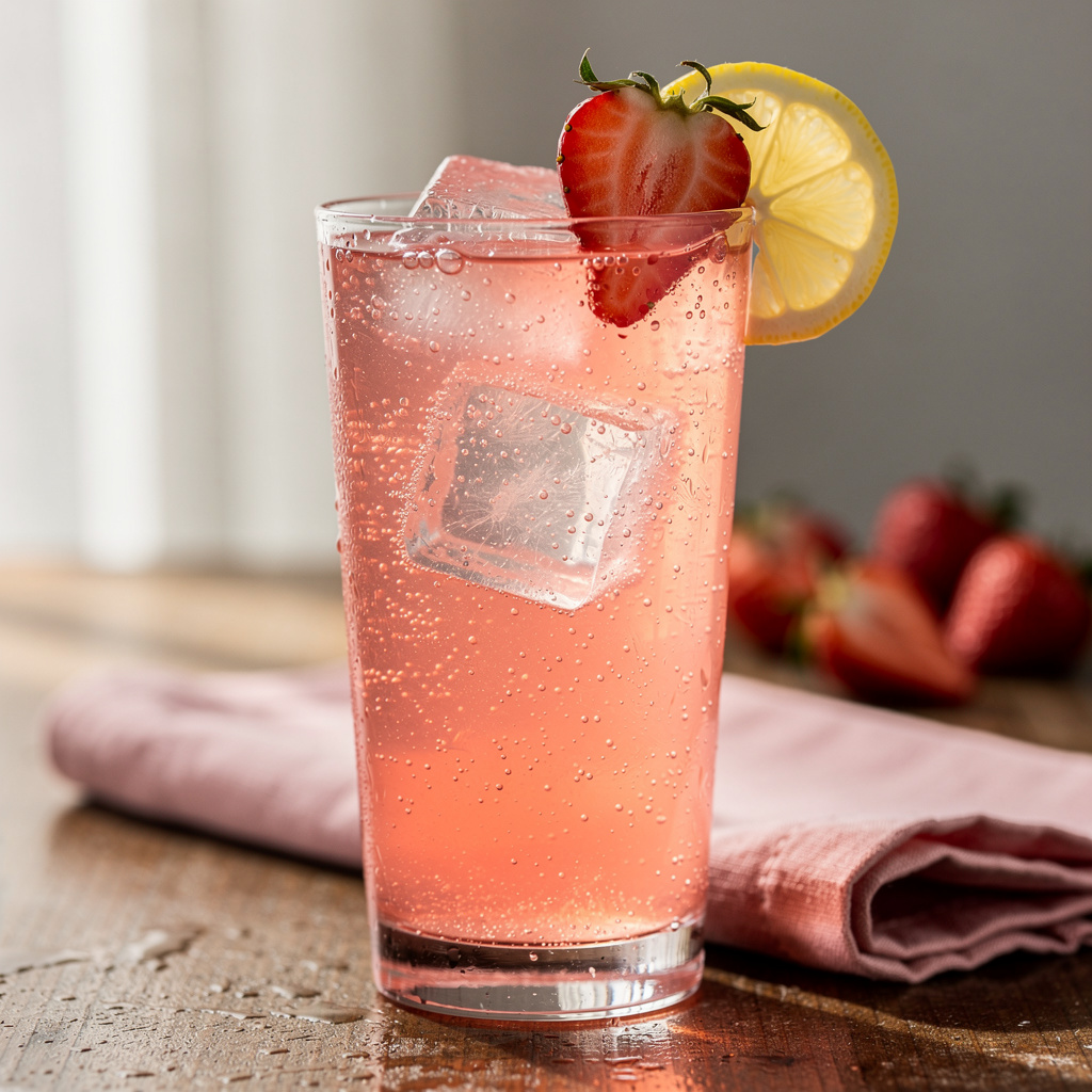 Vibrant pink Cupid's lemonade mocktail with strawberry and lemon garnish.