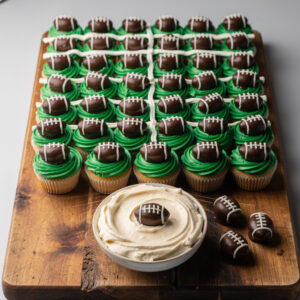 Football field cupcake cake with chocolate truffles for a Super Bowl dessert.