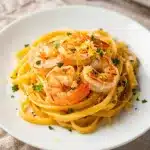 Creamy garlic butter shrimp pasta with lemon and parsley on white plate