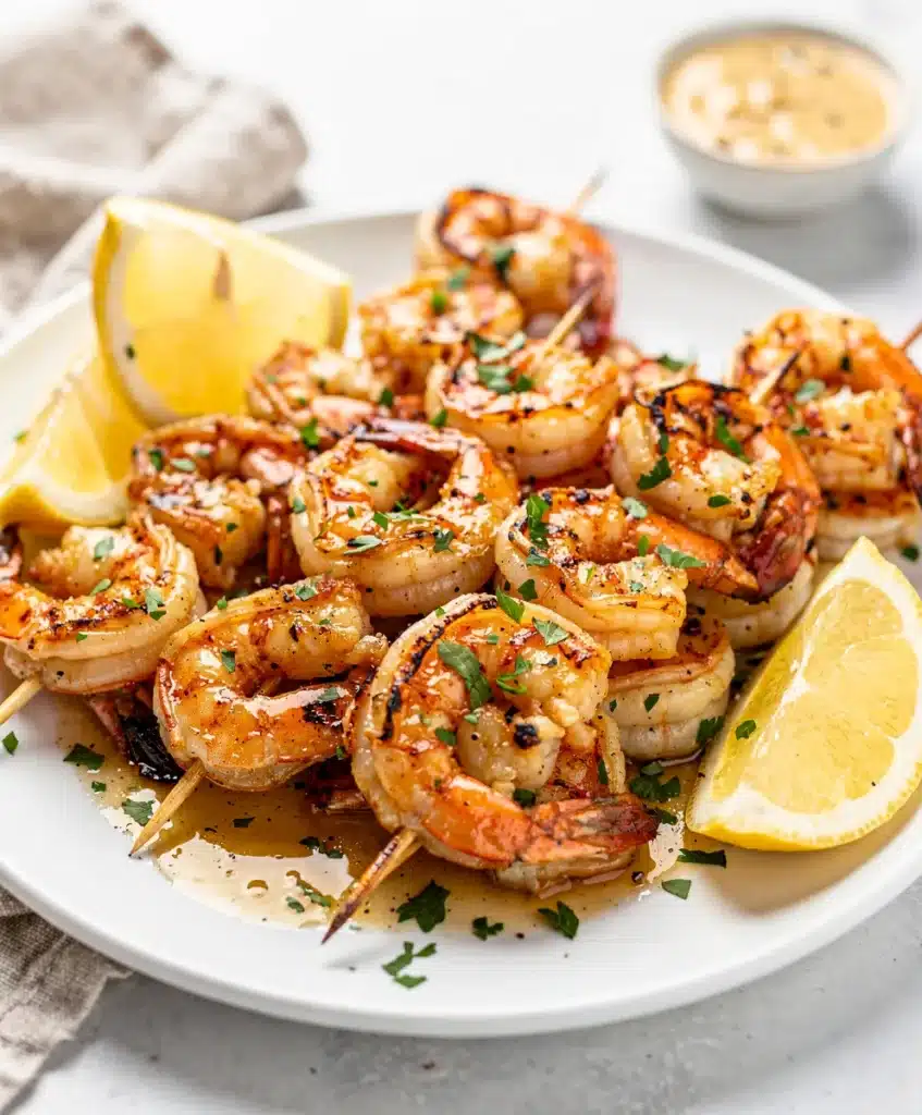 Garlic butter shrimp skewers with parsley and lemon on rustic platter