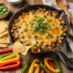 Golden bubbly football dip with cheese, beans, and corn in skillet.