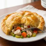 Golden flaky puff pastry crust tops creamy turkey pot pie recipe.