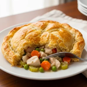 Golden flaky puff pastry crust tops creamy turkey pot pie recipe.