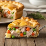 Golden flaky leftover turkey pot pie slice reveals creamy vegetable filling.