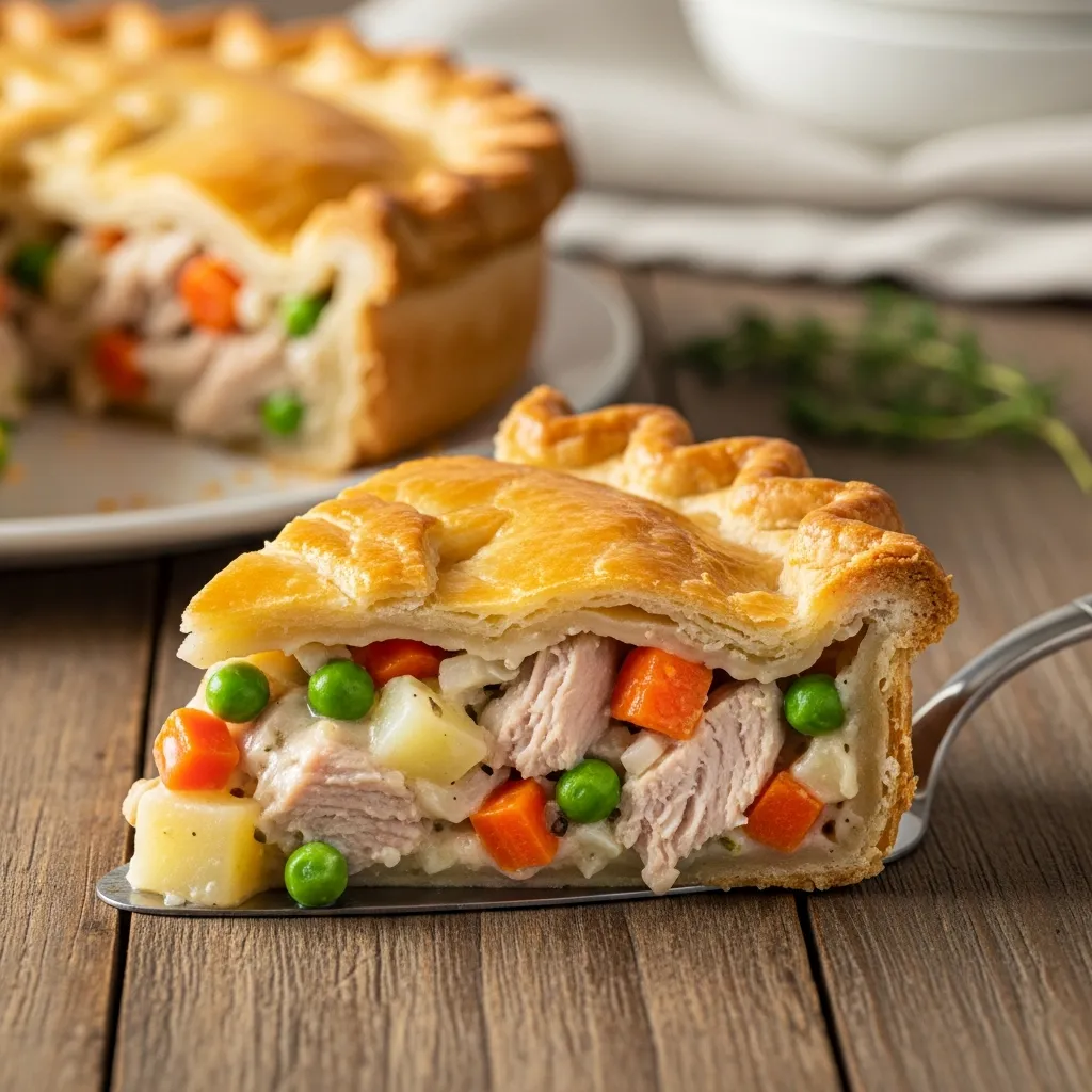Golden flaky leftover turkey pot pie slice reveals creamy vegetable filling.