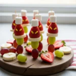 Festive Grinch fruit skewers with strawberry hat and marshmallow on top.