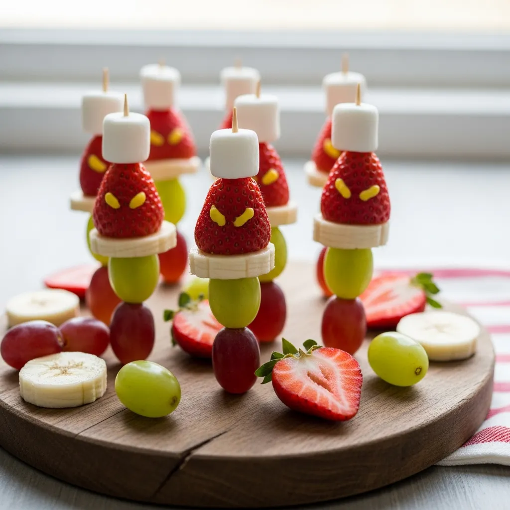 Festive Grinch fruit skewers with strawberry hat and marshmallow on top.