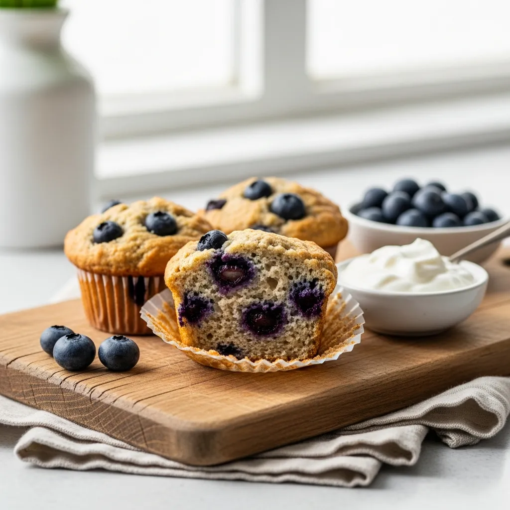 Healthy Greek yogurt blueberry protein muffins with fresh berries and yogurt.