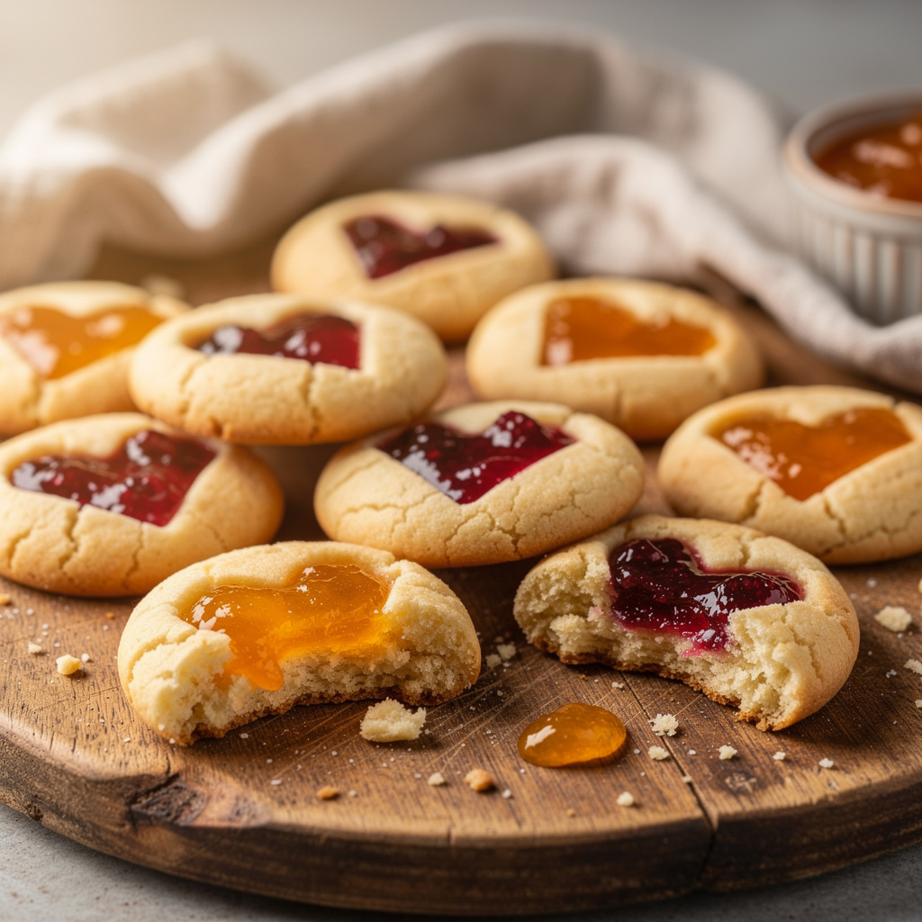 Rustic thumbprint cookies filled with vibrant raspberry and apricot jam.