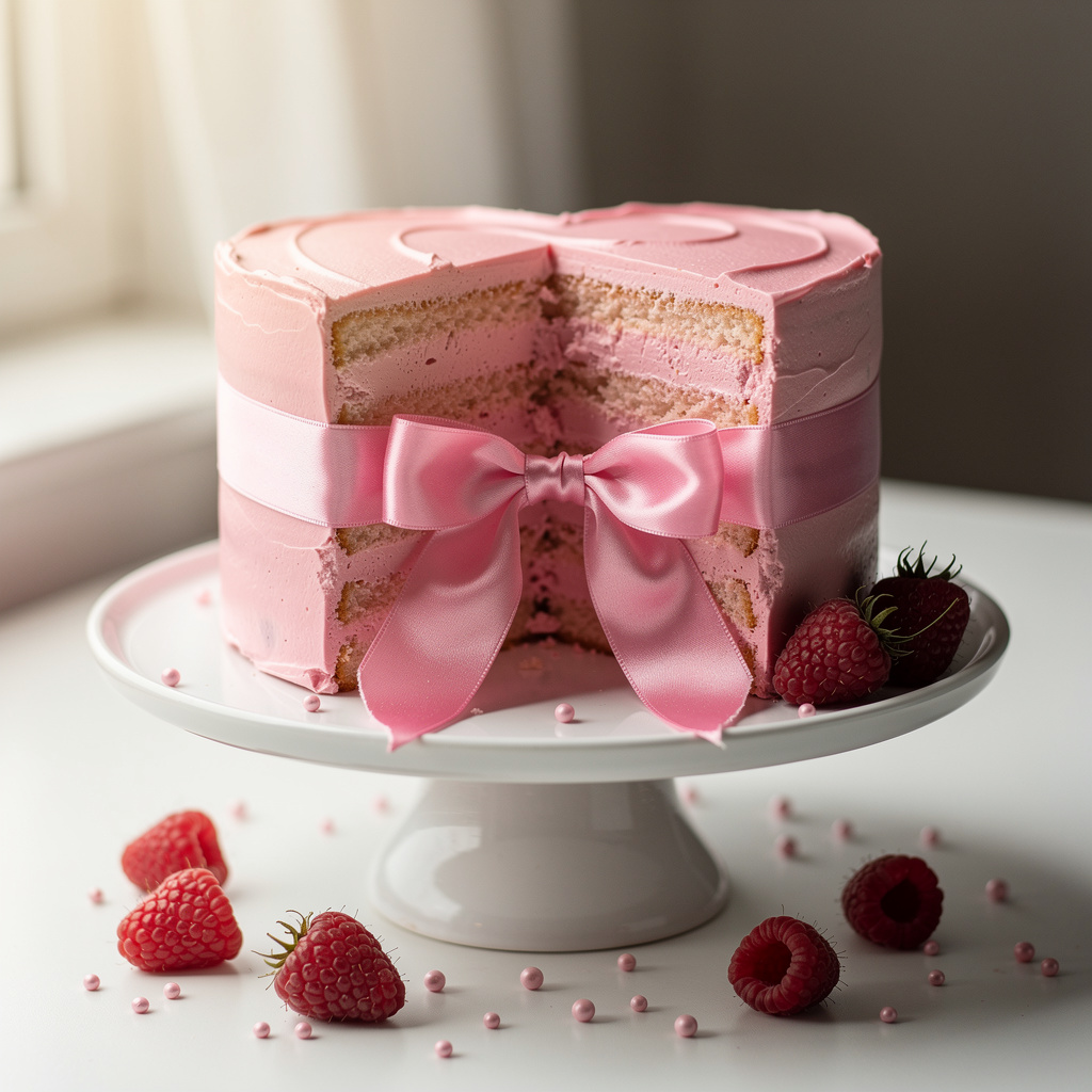 A beautiful heart shaped pink layer cake with smooth buttercream frosting.