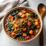 Hearty lentil vegetable soup recipe with carrots celery kale and broth