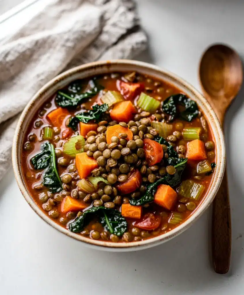 Hearty lentil vegetable soup recipe with carrots celery kale and broth