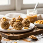 High protein apple bites with oats and peanut butter for healthy snacking.