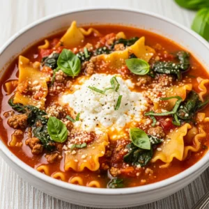 High protein lasagna soup in a rustic bowl with cheese and basil
