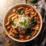 Creamy high protein lasagna soup with turkey and melted cheese.