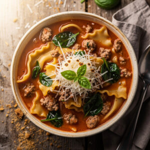 Creamy high protein lasagna soup with turkey and melted cheese.