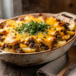 Golden cheddar cheese melts over savory hobo casserole in rustic baking dish.