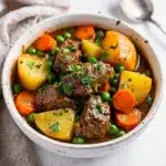 Hearty Irish beef stew with tender beef carrots and potatoes in rich gravy