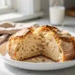 Golden crusted Irish soda bread with soft crumb on rustic wooden board.